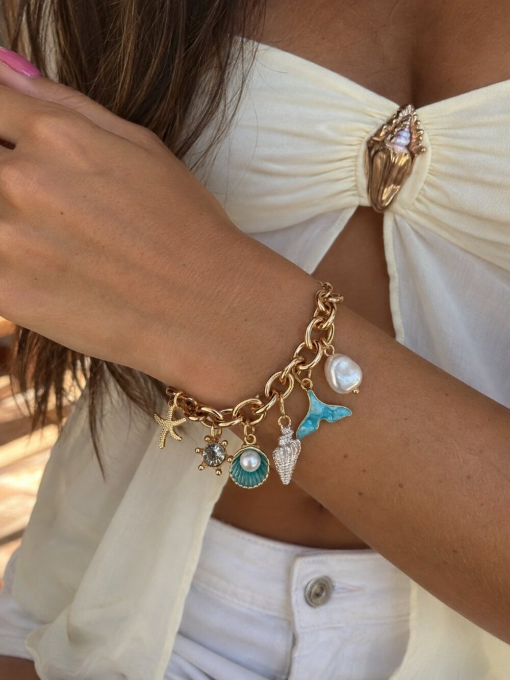 Gold-Tone Nautical Charm Bracelet with Mermaid Tail and Shell Charms